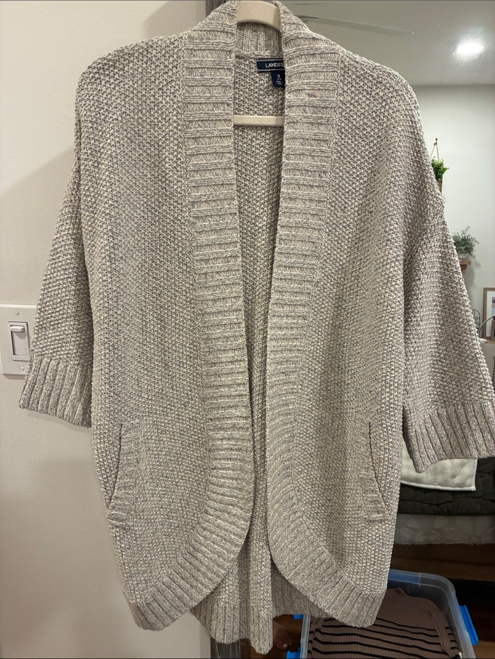 Lands' End Grey Open-Front Shawl Collar Cardigan